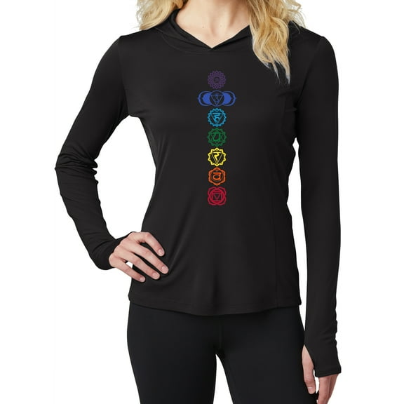 Womens 7 Colored Chakras Hoodie Tee with Thumbholes - Black, XL