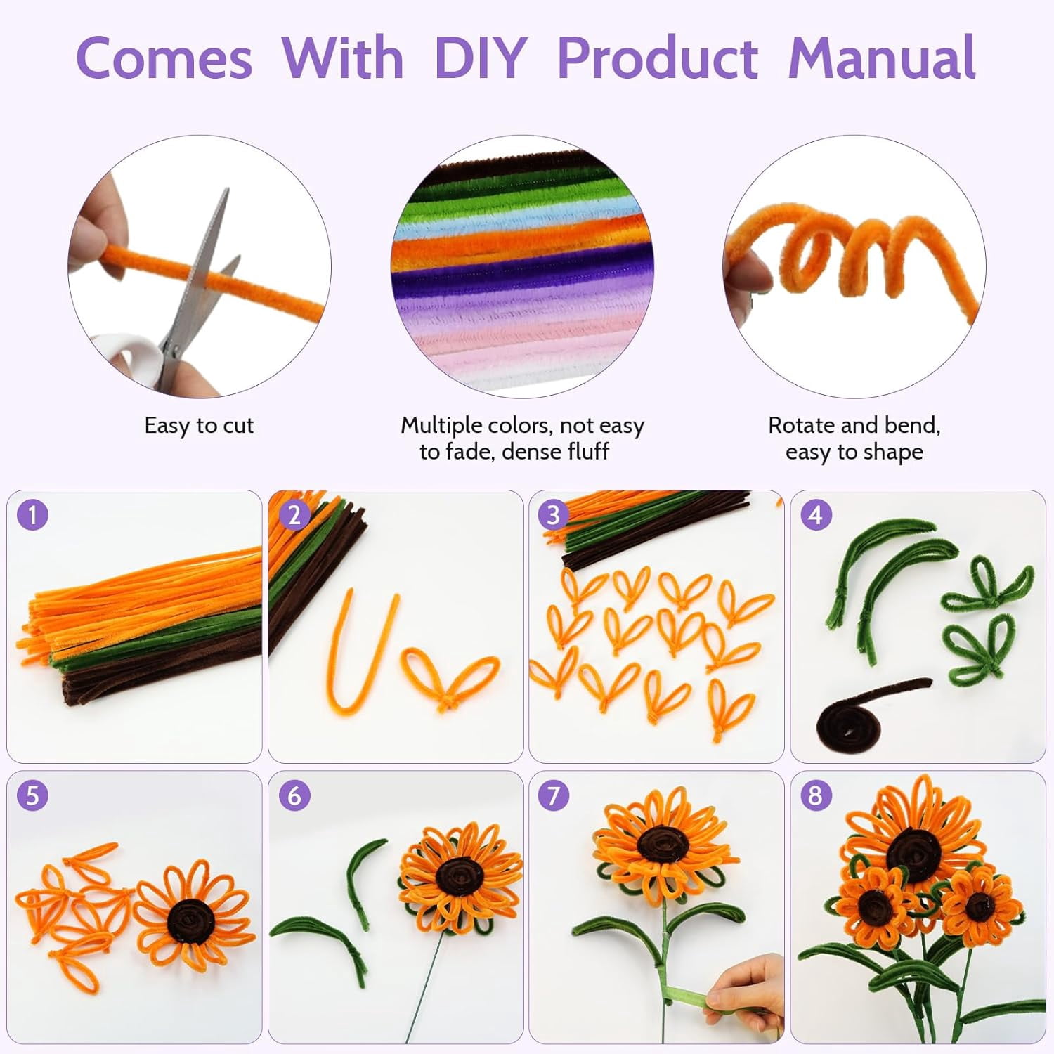 800 PCS Pipe Cleaners Craft, Pipe Cleaners Flowers Kit with Handle, 13 Colors Chenille Stems with Instruction, Art and Craft Supplies