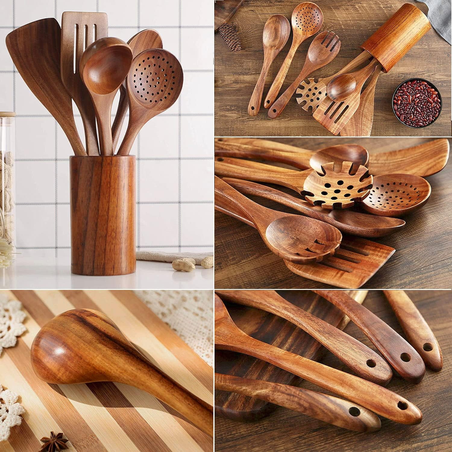 Wooden Spoons for Cooking, 7 Pcs Nonstick Wooden Cooking Utensils  Set,Nonstick Natural and Healthy Kitchen Utensil（7 Pcs）
