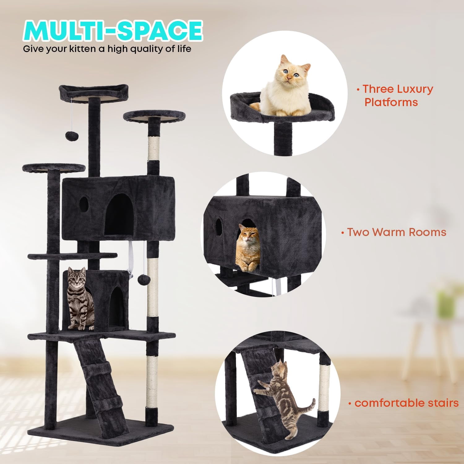 70 Inches Large Multi-Level Cat Tree, Tall Cat Tree with Sisal-Covered Scratching Posts, Condo, Dangling Ball, and Extended Platform for Cats to Play and Sleep, Dark Grey