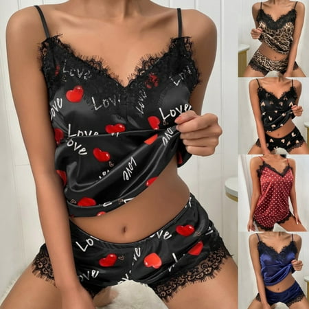 

Zhaomeidaxi Womens Lace Trim Satin Sleepwear Sleepwear Cami and Shorts Pajama Set for Wedding Night (M-3XL)