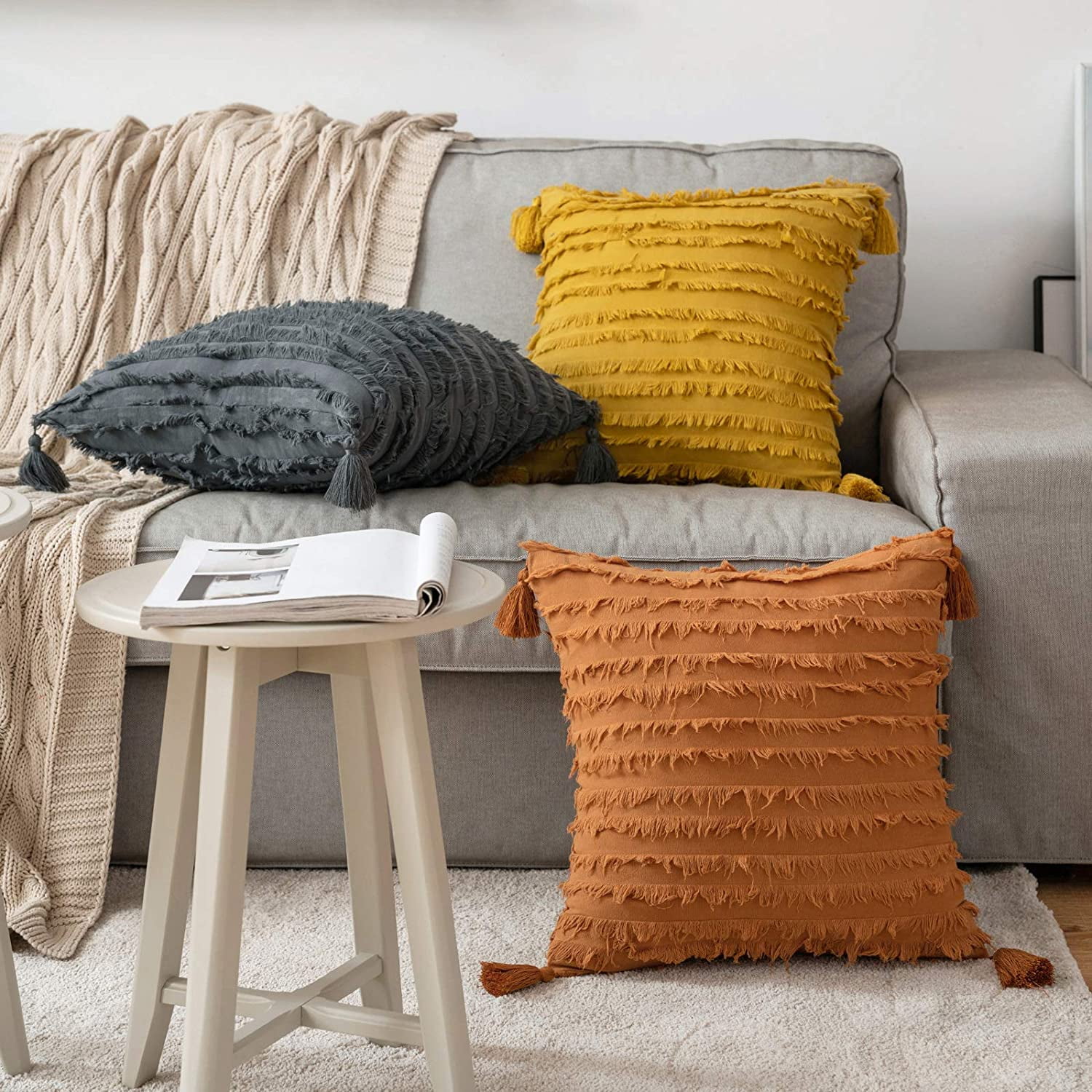 IGUOHAO Decorative Boho Throw Pillow Covers Farmhouse Linen Textured Cushion Cases with Tassels Striped Jacquard Pattern for Sofa Couch Living Room Bedroom Set of 2 18x18 Inch Beige Walmart