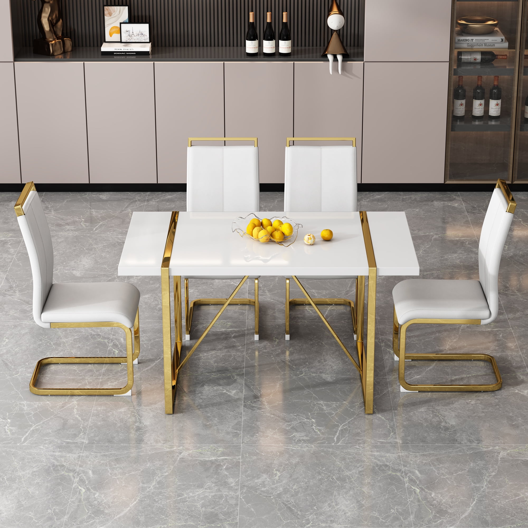 NYEESS 55 inch White Rectangular Dining Table, MDF Top with Gold Metal Frame, Modern Style for Kitchen and Dining Room