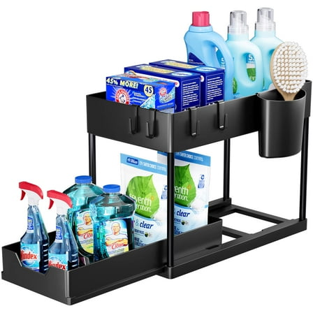 Puricon 1 Pack Under Sink Organizers and Storage Pull Out Sliding Drawer, 2 Tier Multi-purpose Kitchen Under the Sink Organizer Under Bathroom Sink Shelf Storage Rack for Countertop Laundry -Black