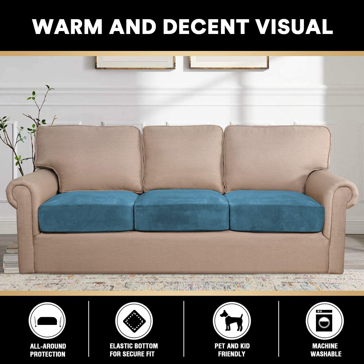 Velvet Stretch Couch Cushion Cover Plush Cushion Slipcover for Chair Sofa Cushion Furniture Protector Seat Cushion Sofa Cover Set of 3
