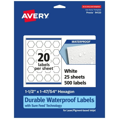 UPC: 0194793908244 | Avery Durable Waterproof Hexagon Labels with Sure Feed  1-1/2  x 1-47/54   500 Oil and Tear-Resistant Waterproof Labels  Print-to-the-Edge  Laser/Pigment-Based Inkjet Printable Labels
