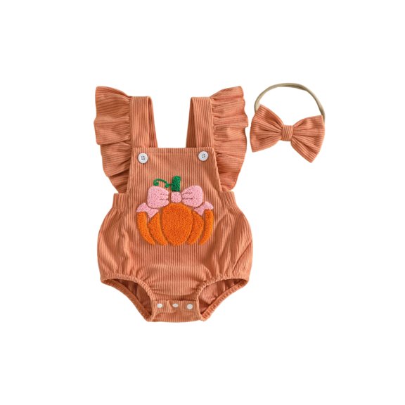 Cjfdfy Newborn Baby Girl Halloween Outfit Pumpkin Flying Sleeve Corduroy Romper Bow Headband Two Piece Set My First Halloween Bodysuit Cute Pumpkin Fall Winter Clothes