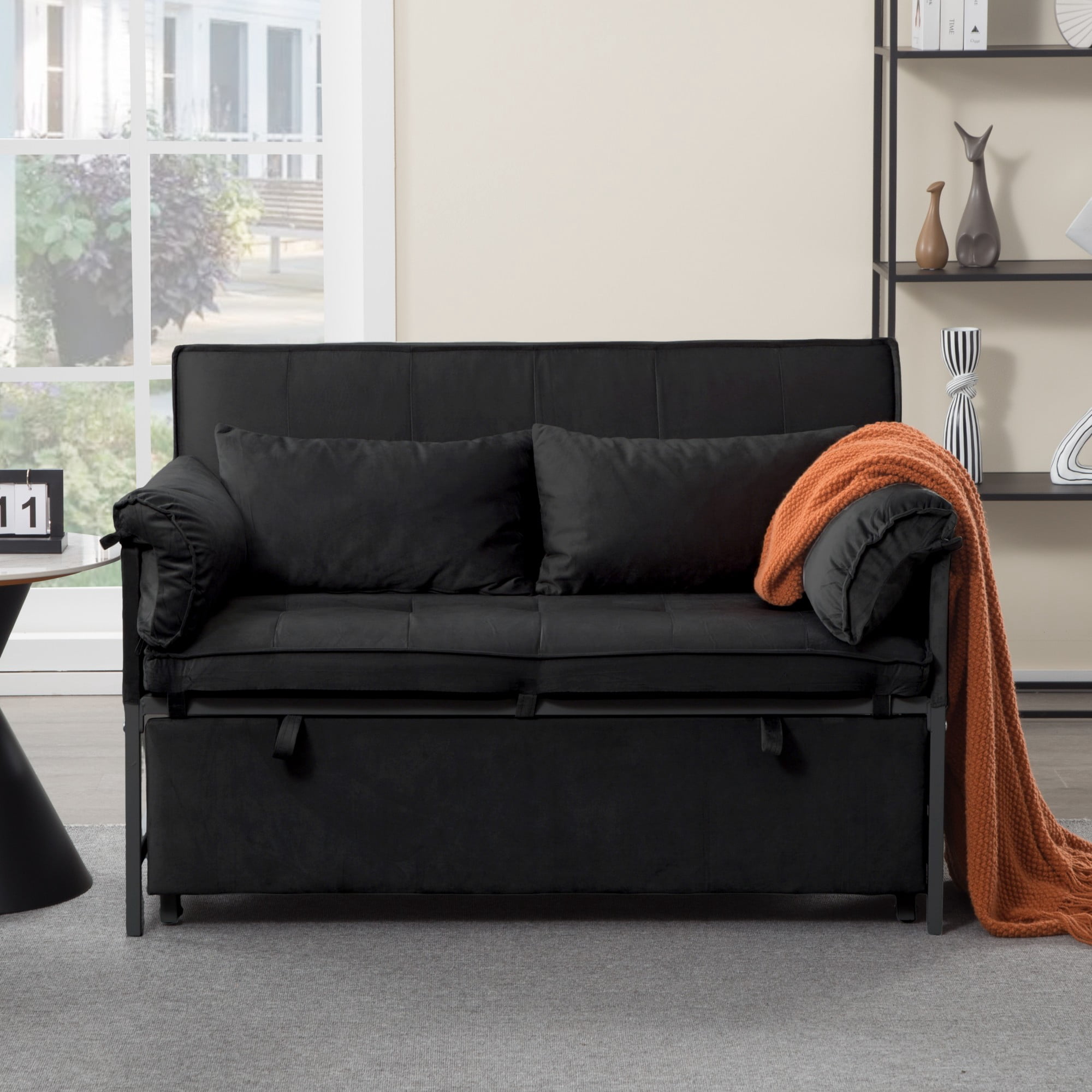 AENKYO 46" Velvet Pull-out Sleeper Sofa Bed, Convertible Reclining Loveseat with 2 Pillows for Small Spaces, Black