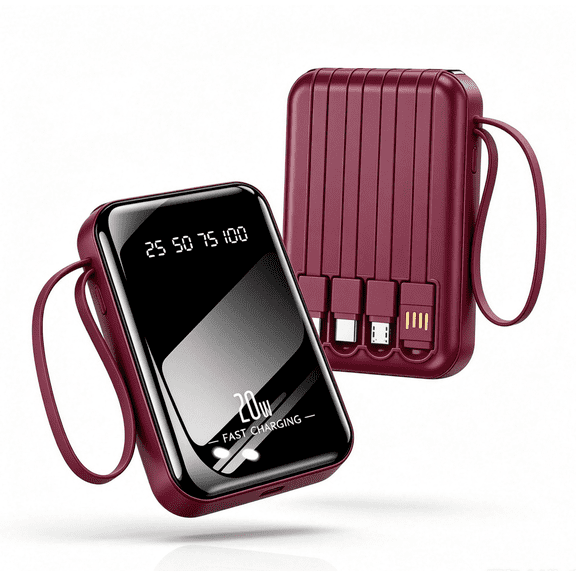 Portable Charger 10000mAh, 20W Fast Charging Power Bank with 4 Built-in Cables, LED Digital Display,Compatible with iPhone, Samsung, Android Phones and More,RoseRed