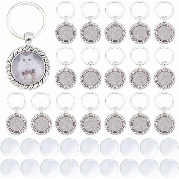 20 Sets 20mm Cabochon Keychain Blanks Keychain Pendant Tray Platinum 5.8cm Alloy DIY Keyring Making Kit with Cabochons for Photo Personalized Key Chain Making