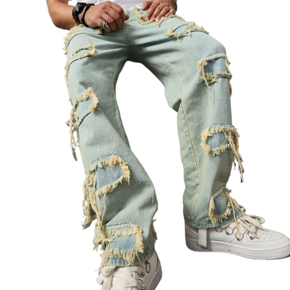 Reppunk Men's Vintage Pale Light Wash Heavy Frayed Ripped Straight Leg Jeans, Distressed Loose Stacked Denim Pants, Business Casual Versatile Office Daily Commute Trousers
