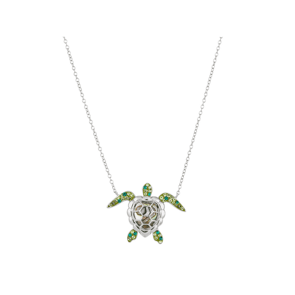 Women's Finecraft Turtle Pendant Necklace with Crystals in Sterling Silver, 18"