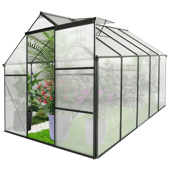 6.23' x 10.2' x 6.4' Outdoor Garden Greenhouse, Walk in Polycarbonate Greenhouse, Greenhouse with Sliding Door and Rain Gutter, Aluminum Frame Grow House