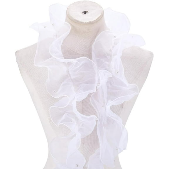 2m Pearl Trim Organza Lace Ribbon 16cm Wide White Pleated Fabric Ribbon Chiffon Edging Trimmings for Sewing Craft Wedding Bridal Dress Clothes Embellishment