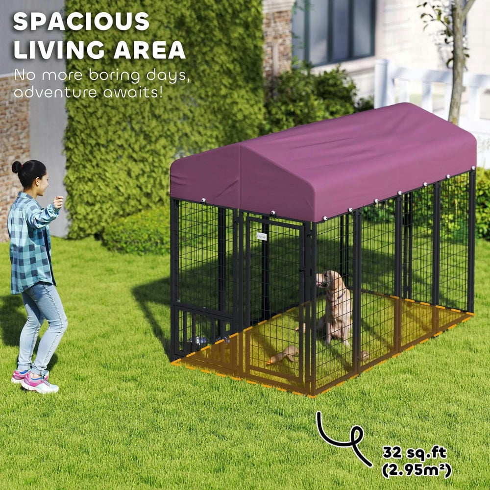 Yardi Yarda Welded Wire Outdoor Dog Kennel with 360° Rotating & 4 Levels Adjustable Bowls, Waterproof Cover, 7.9' x 4' x 6', Red