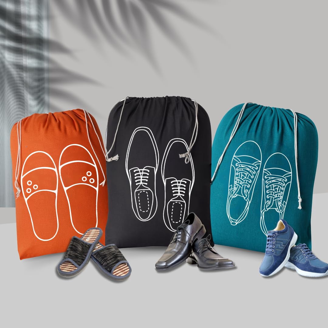 **IVILLAGE 12-Pack Cotton Shoe Bags for Travel & Storage - Breathable Washable Drawstring Organizers with Doodle Design - Men's Shoe Dust Covers (Multicolor)**