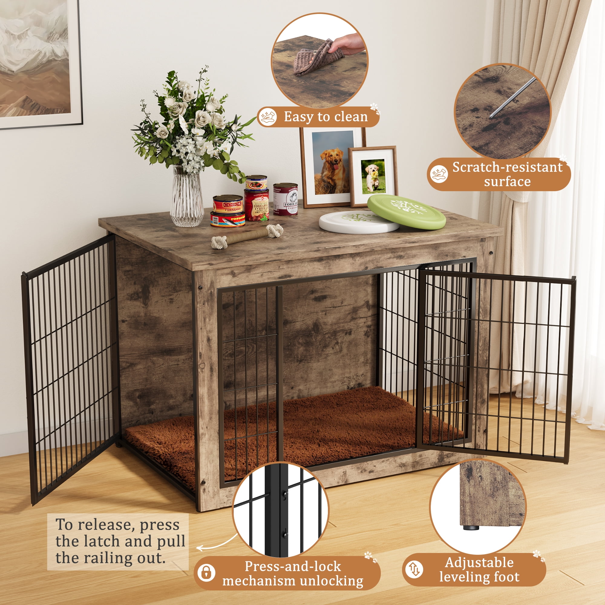Furmax Heavy-Duty Wooden Dog Crate 2-Door Furniture Style Kennel with Chew-Proof Design & Removable Cushion, End Table for Small, Medium, Large Dogs
