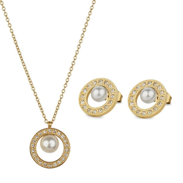 Juego de Joyería para Mujer de Perlas y Zirconia Cúbica LuckyLy Set de Collar y Aretes Acero Inoxidable con Baño Oro 14k Modelo Emy dorado Unitalla