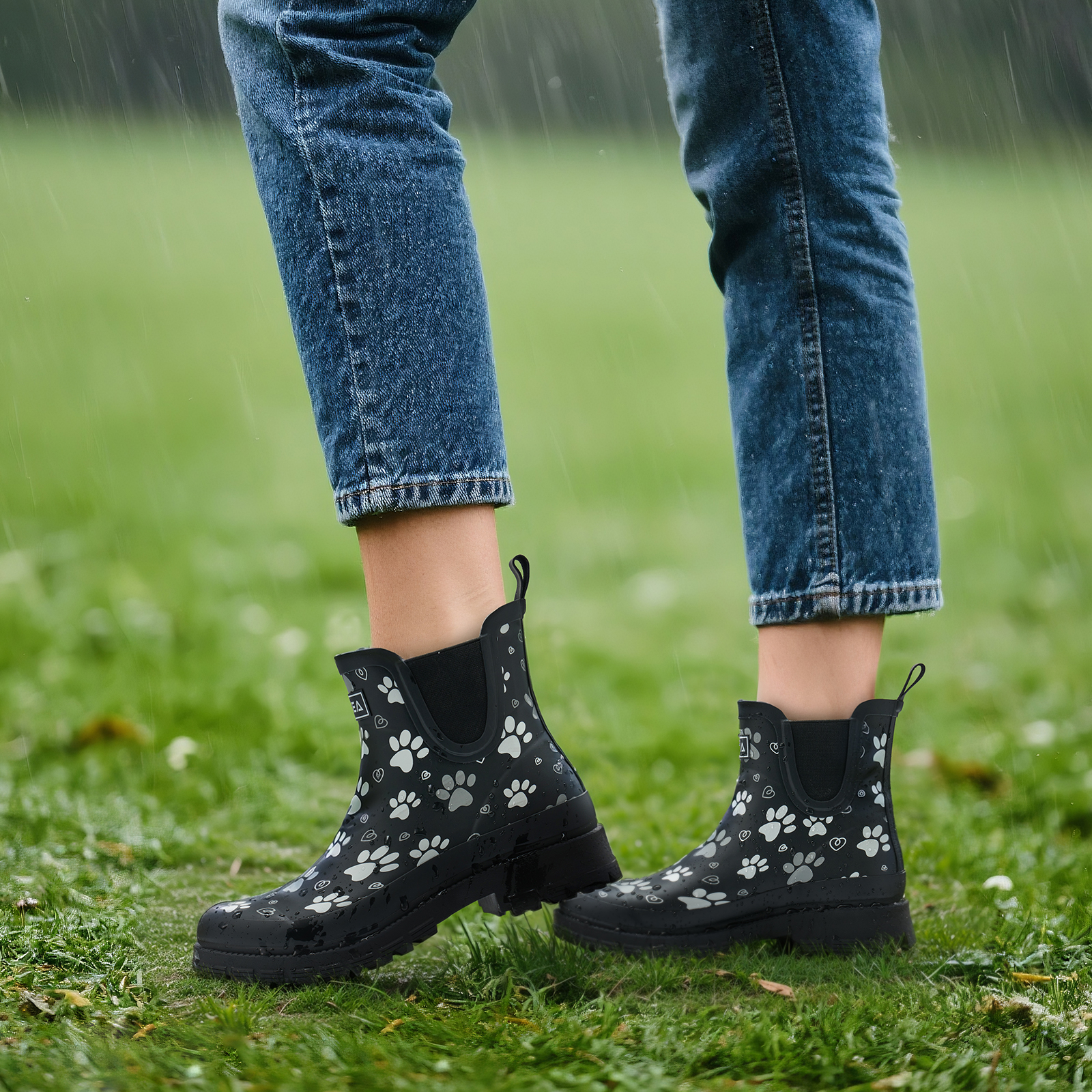 Women's Ankle Rain Boots, Waterproof Chelsea Boots,Matte Black with Paw Print,Size 7