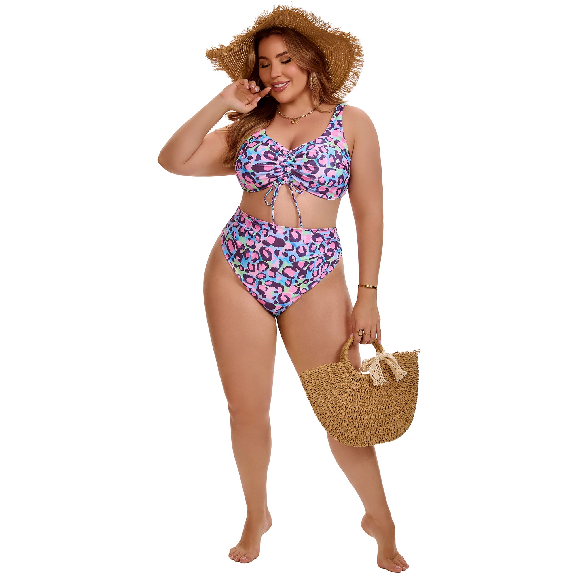 DARING DIVA Women's Plus Bikini High Waisted 2 Piece Bathing Suits 1X Green Pink