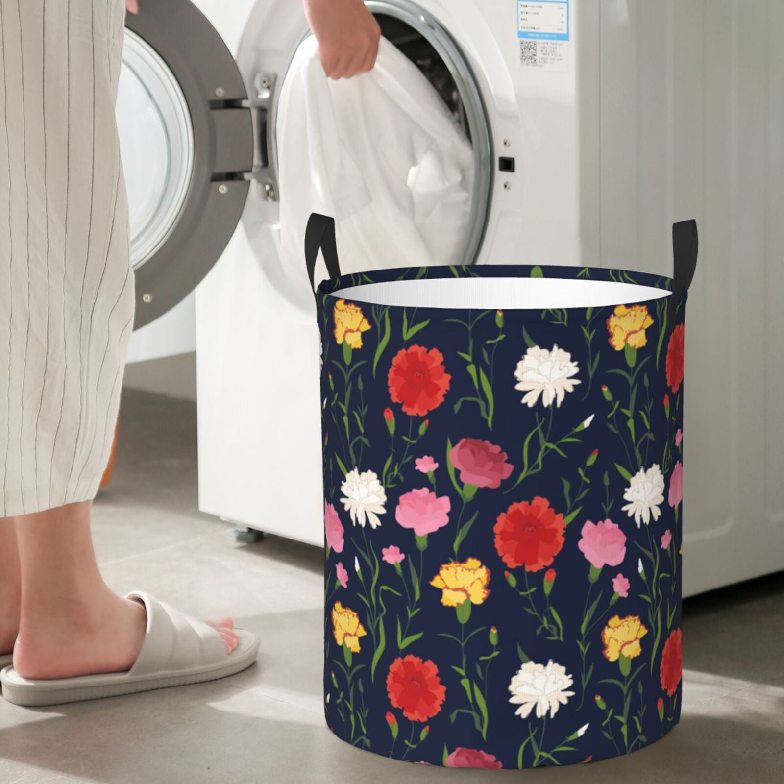 Large Laundry Basket with Handles - Yellow Pink Carnations Flowers Kids Baby Dirty Clothes Laundry Hamper for Bedroom Aesthetic