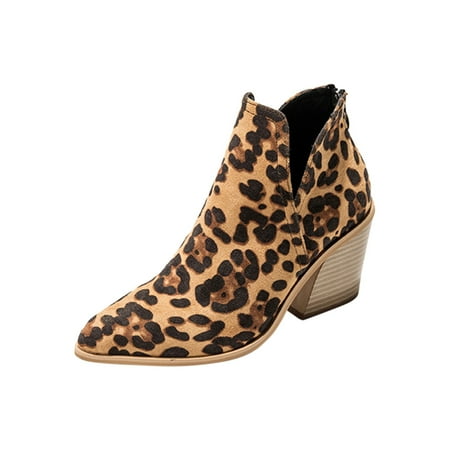 

Women Chunky High Heel Bootie Winter Warm Snake Pattern Leopard Lightweight Slip On Pointed Toe Casual Solid Color Ankle Boots Brown Boots women size 8.5
