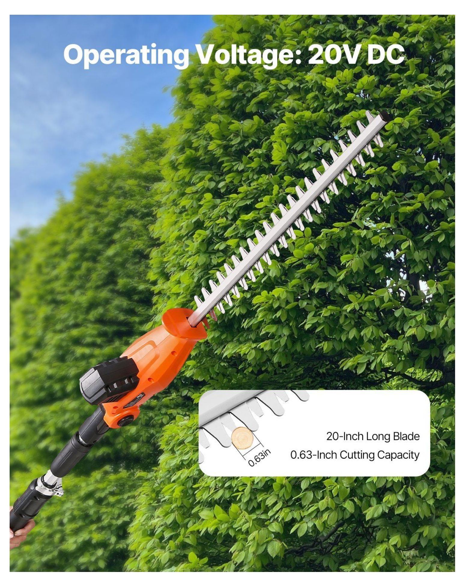 Cordless Hedge Trimmer 20V 1200RPM, 20in Extendable Pole Trimmer