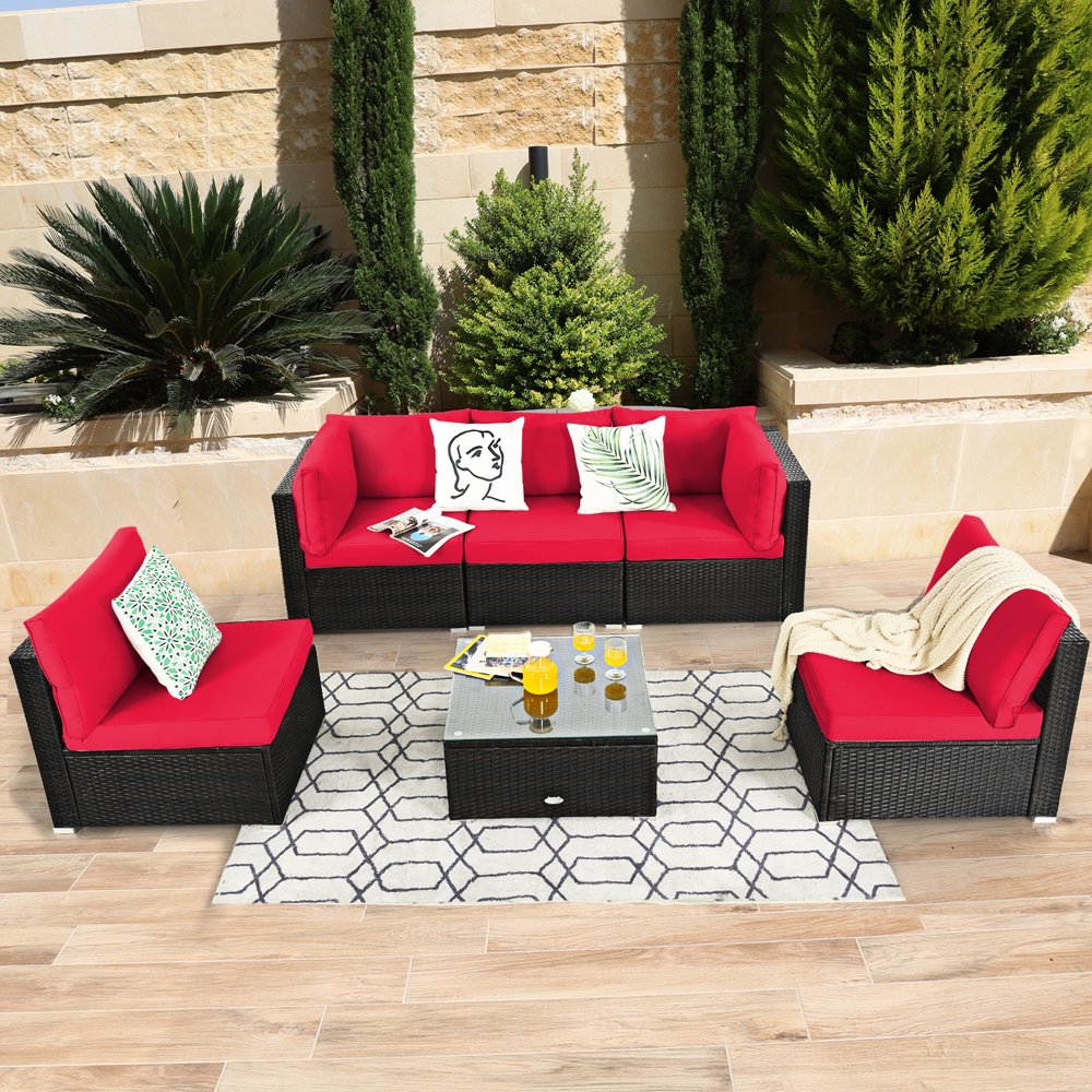 Patiojoy 6PCS Wicker Patio Sectional Conversation Furniture Set with