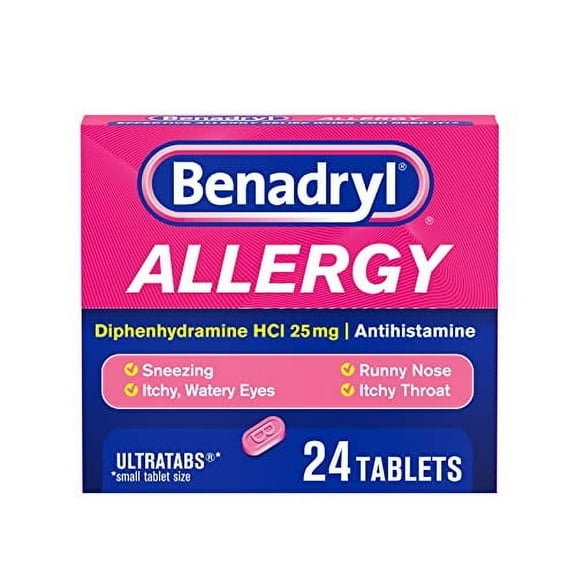 Benadryl Ultratabs Antihistamine Allergy Relief Tablets, Diphenhydramine HCl 25mg, 24 ct (Pack of 2)