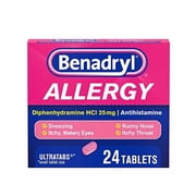 Benadryl Ultratabs Antihistamine Allergy Relief Tablets, Diphenhydramine HCl 25mg, 24 ct (Pack of 2)