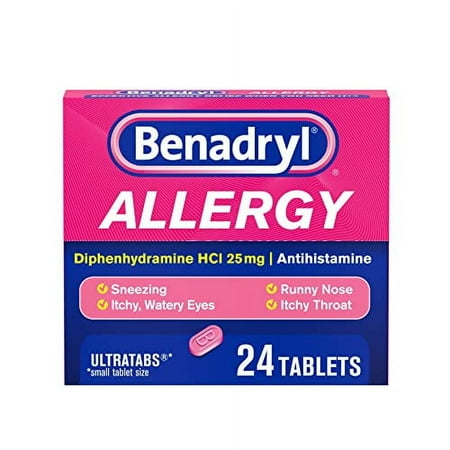 Benadryl Ultratabs Antihistamine Allergy Relief Tablets, Diphenhydramine HCl 25mg, 24 ct (Pack of 2)