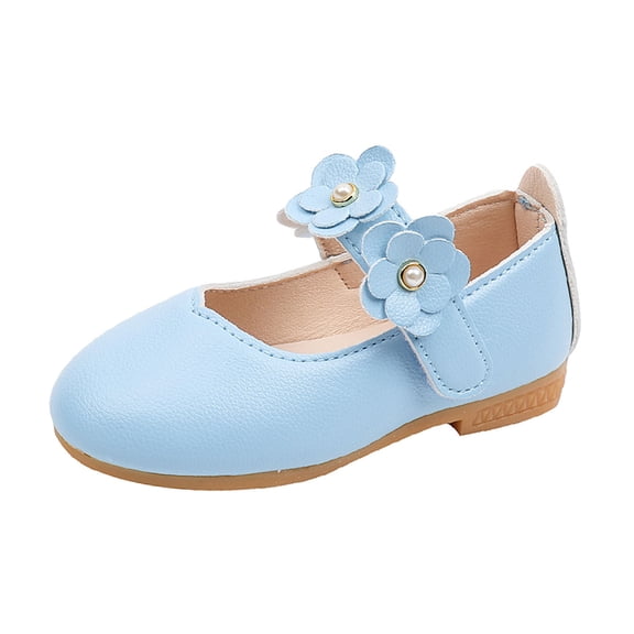 Krdevn Toddler Girls Solid Flower Mary Jane Dress Shoes Soft Sole Flats Color:Blue,Size:5-5.5 Years