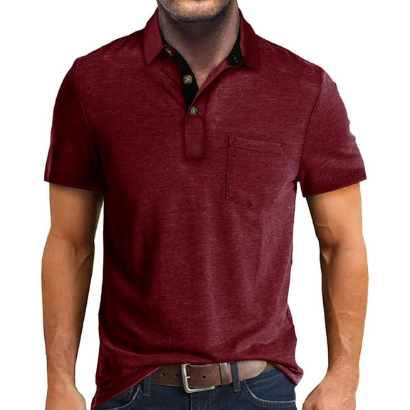 Bibifish Mens Polo Shirts Plain Solid Short Sleeve Lapel Collar With Pocket Solid Wine Shirts Summer Business Wear Tops
