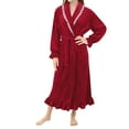 thumbnail image 3 of Women's Lace Trim Plush Fleece Maxi Robe, Elegant Collar Long Sleeve Bathrobe, Soft Warm Nightgown, Cozy Winter Loungewear, Delicate Trim Sleepwear Wine XL, 3 of 10