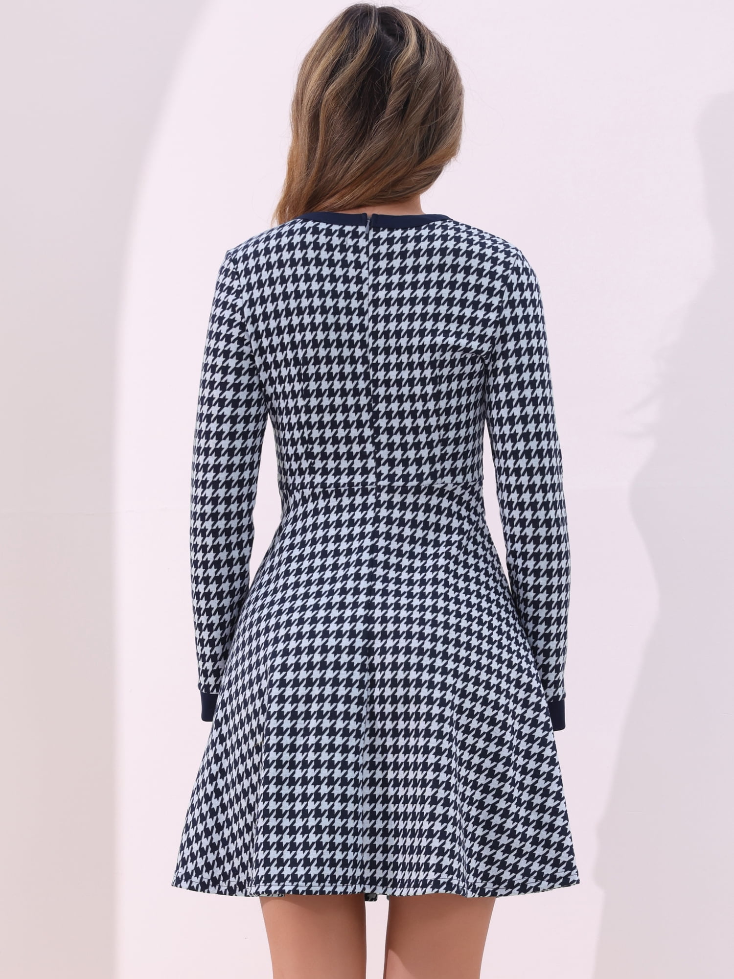 DARING DIVA Women's Elegant Houndstooth Round Neck A Line Plaid Dresses M Dark Blue
