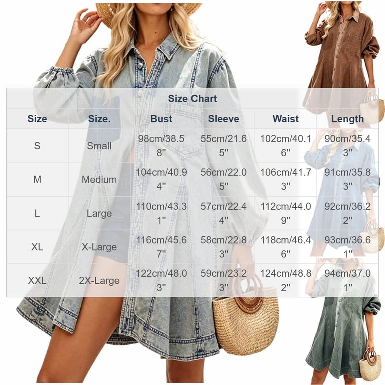 denim puff sleeve swing dress Women's Flowy Denim Dress Vacation Lapel Long Puff Sleeve Button Down A Line Swing Ruffle Jean Dress Blue L, Size: Large