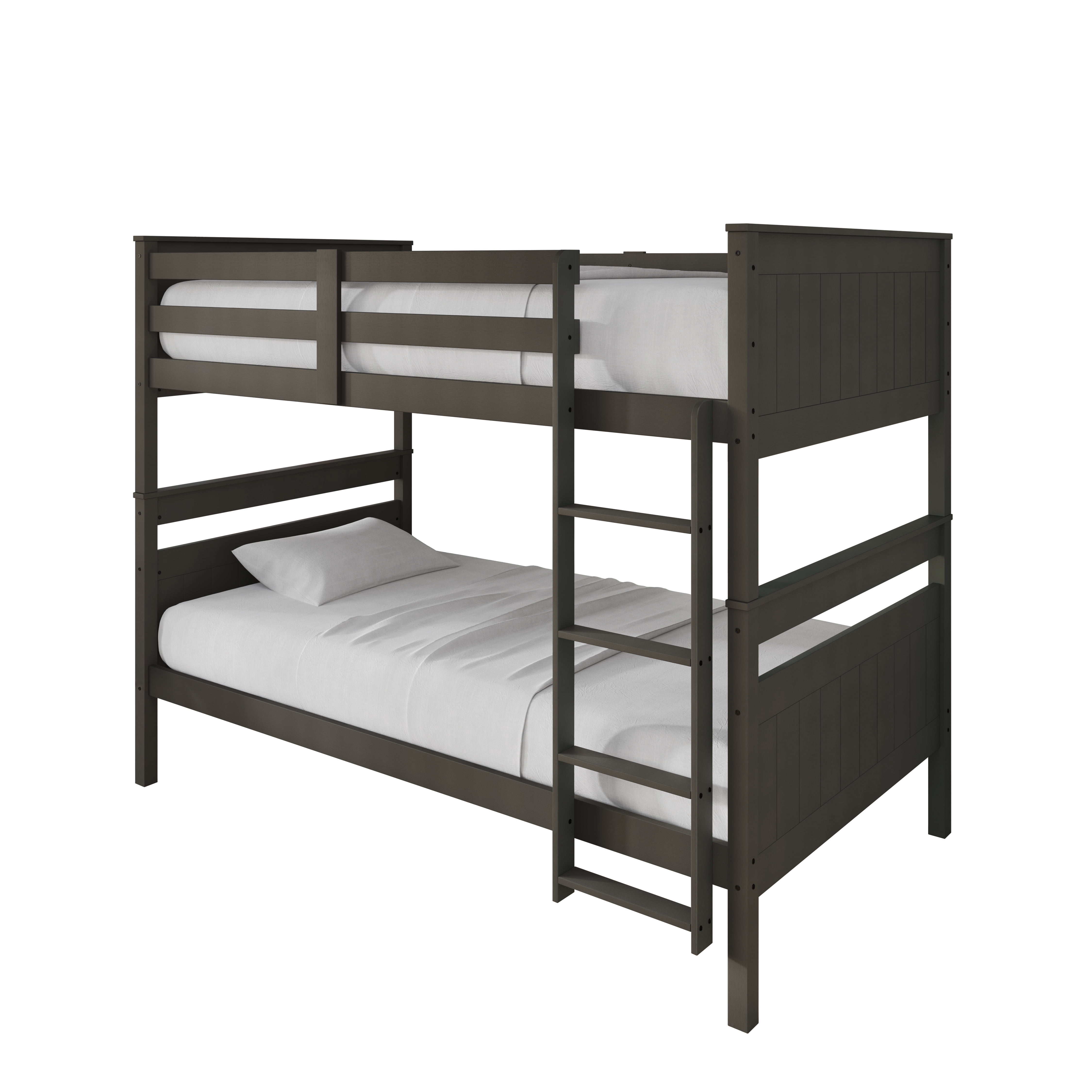 Home Design Lorain Twin Over Twin Solid Wood Bunk Bed with Sturdy Guardrails and Ladder, Dark Gray, Easy Assembly