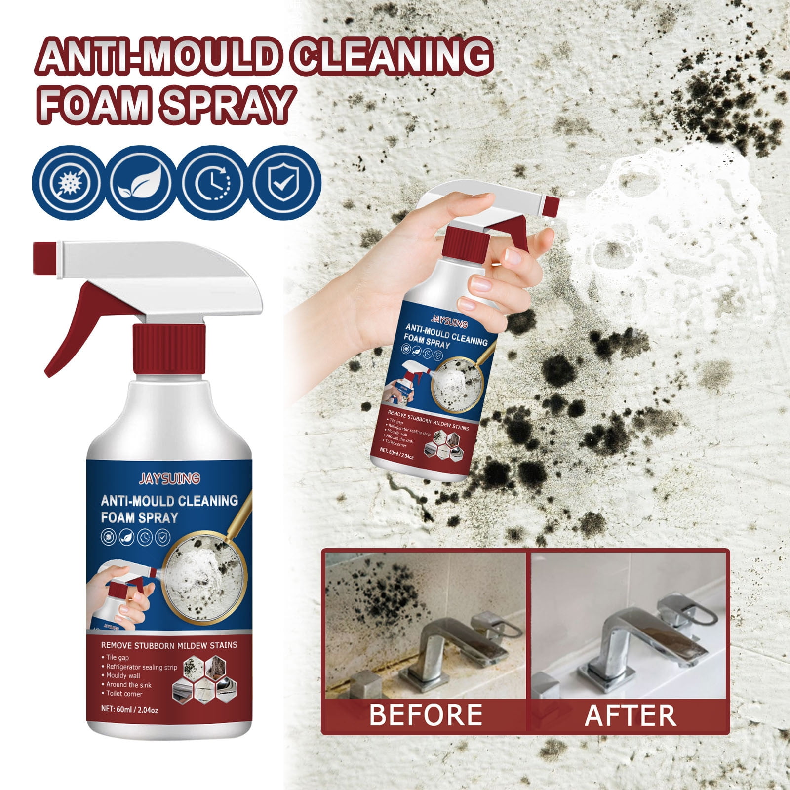 Household Mold Remover Spray Mildew Cleaning Agent 60ml Multi-purpose Mist  Remover Mold For Tile Wall Odor Removal For Kitchen