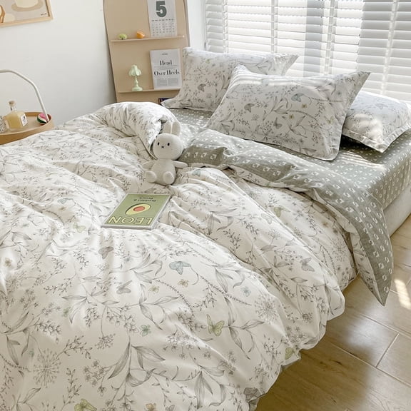 100% Cotton Duvet Cover Queen Size, Reversible Floral White Duvet Cover Set with Zipper Closure, 3 Pieces Colorful Butterfly Patterns Bedding Set with 4 Ties (90"x90", 2 Pillow Cases)