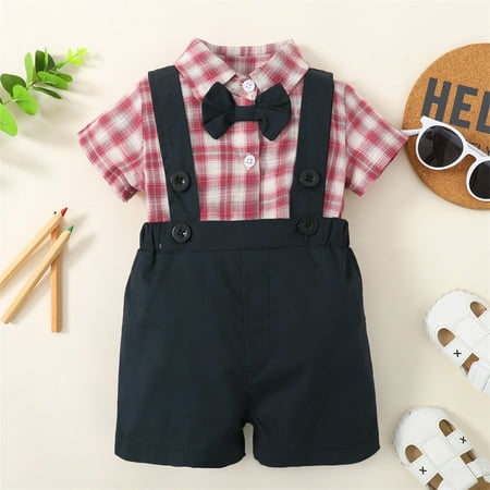 

Lattice Printed Toddler Boys Outfits Short Sleeve Bowknot Shirt Solid Color Suspender Pants Spring Summer Cute Casual Cartoon Fashion Outwear Streetwear Vocation Sets