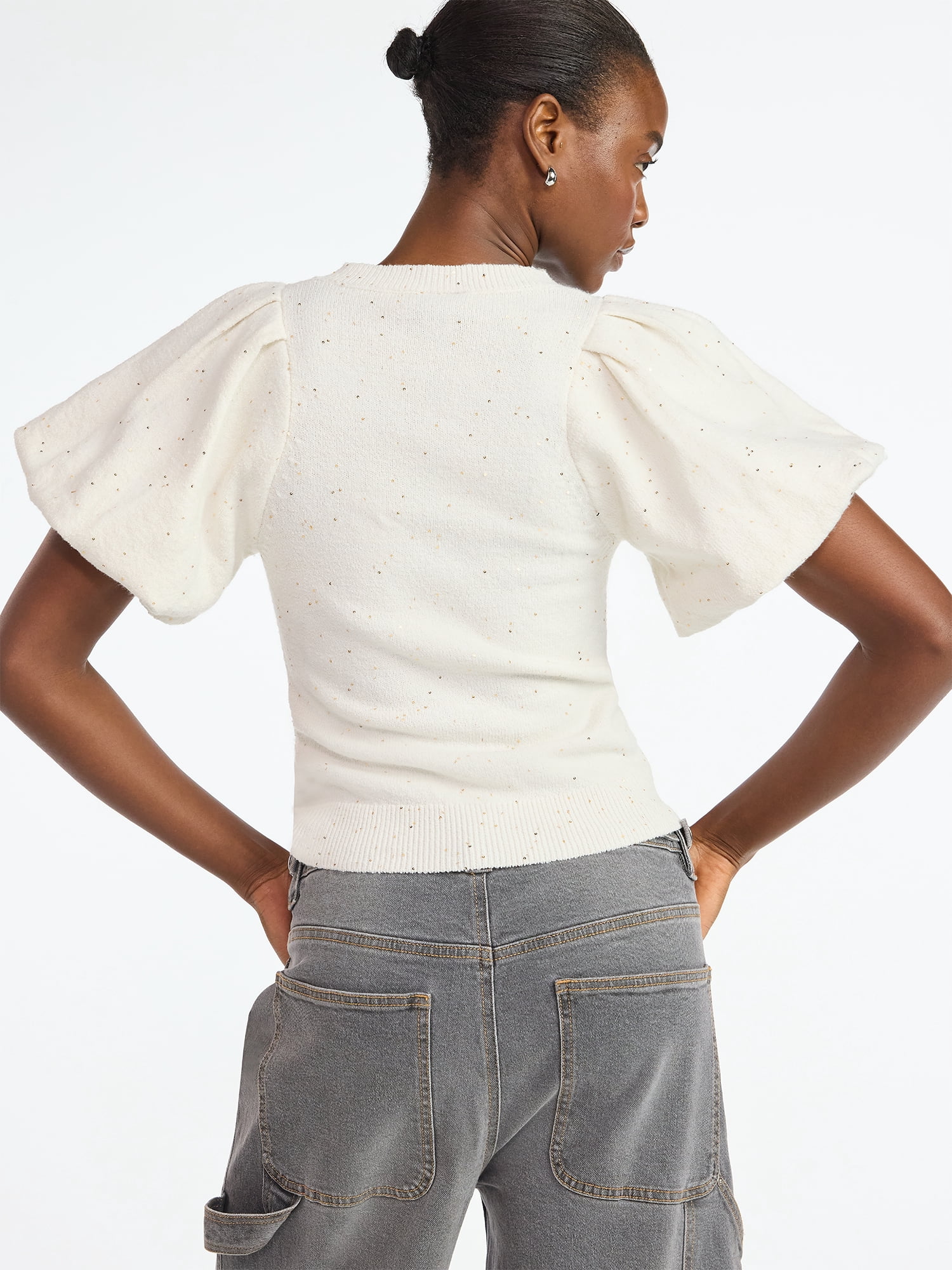 Scoop Women's and Women's Plus Sequin Sweater Top with Puff Sleeves, Lightweight, Sizes XS-4X