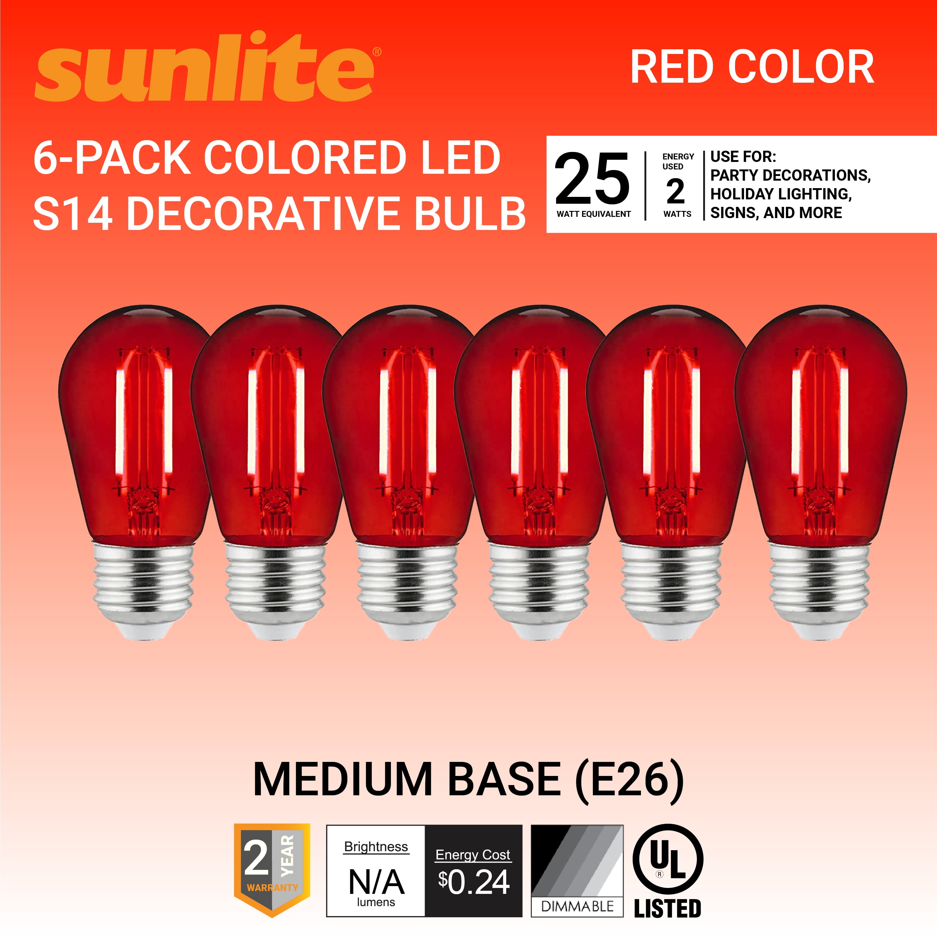 Sunlite LED S14 String Light Bulb, 2 Watts (25W Equivalent), Medium E26