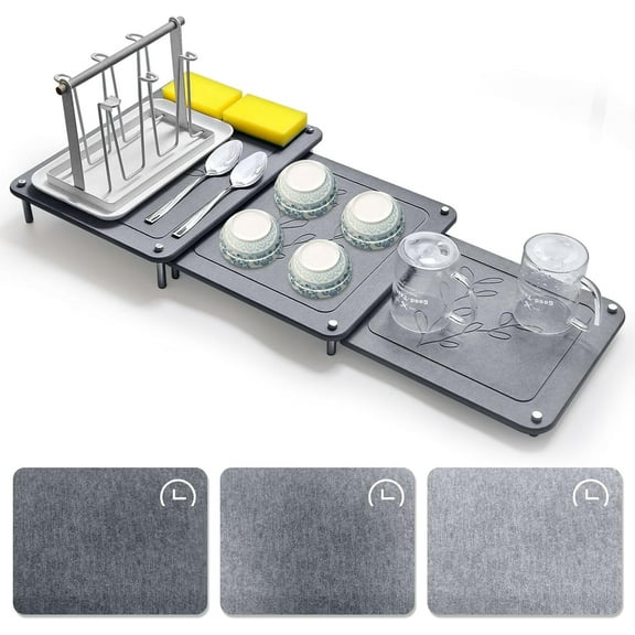 3Pcs Nesting Stone Drying Mat for Kitchen Counter, Quick Drying Dish Drying Mat with Non-Slip Feet, Super Absorbent Heat Resistant Diatomaceous Earth Dish Drying Mat for Dishes, Bottles, Cups-Leaf