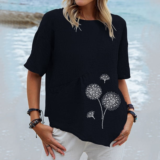 Fiudx Ofertas Del Día Moda Mujer Casual Cuello Redondo Impresión Blusa Manga Corta Camiseta Verano Tops