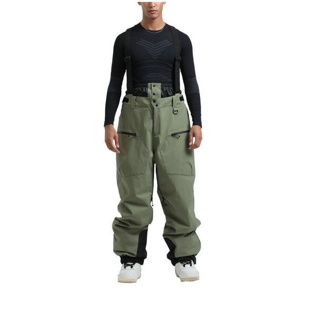 Fengqque Mens Snow Bibs Ski Pants Softshell Waterproof Insulated Ripstop Snowboarding Overalls Winter Army Green 8(L)