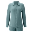 thumbnail image 4 of CCRFTGI 2 Piece Sets for Kids Girls Size 10-12 Casual Linen Sets Teenage Summer Long Sleeve Cotton Linen Button Down Shirt Baggy Wide Leg Shorts Big Sister Outfit Activewear Light Blue 14-15 Years, 4 of 5