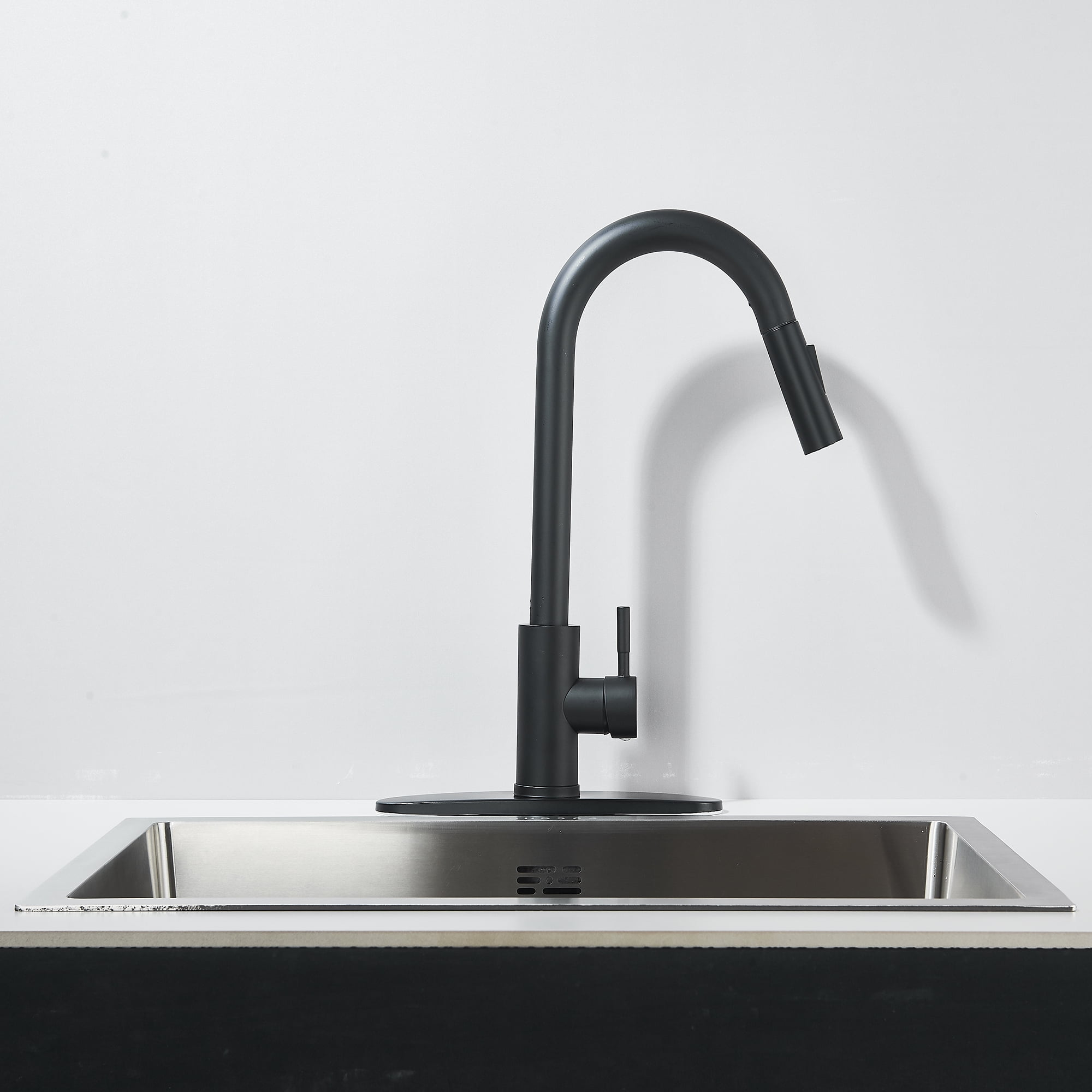 Black Kitchen Faucets with Pull-Down Sprayer , 2.5GPM High Arc Single Handle, Stainless Steel, with Deck Plate, for Farmhouse Camper Laundry Rv Bar