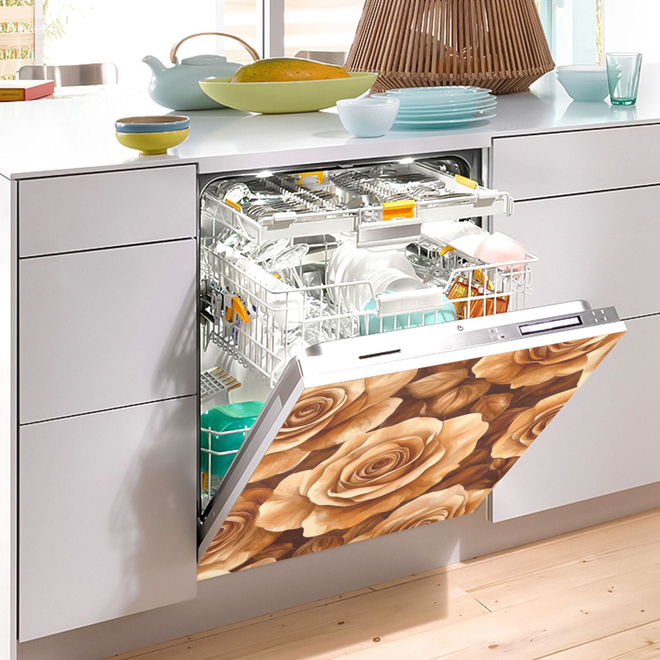 Dishwasher Magnetic Sticker 23x26 Inch Refrigerator Magnetic Sticker Washing Machine Magnetic Sticker Kitchen Panel Magnetic Sticker Home Decor Brown Roses Seamless