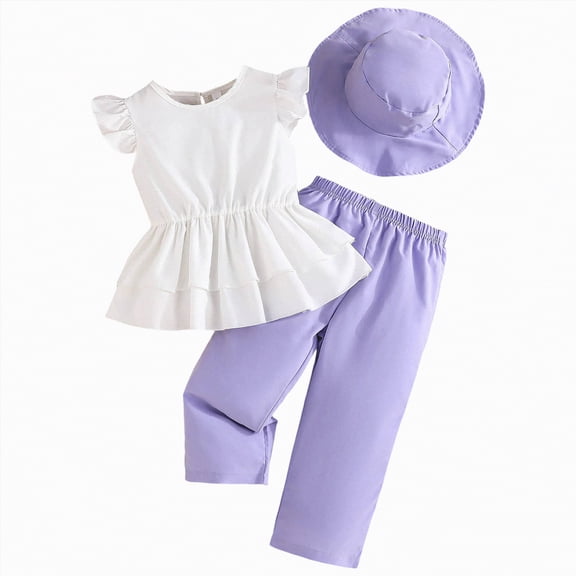 kpoplk Little Girl Sleeveless Summer Set Floral Embroidery Spaghetti Strap Pants Cotton Linen Stylish Size 6-7 Years,Light Purple