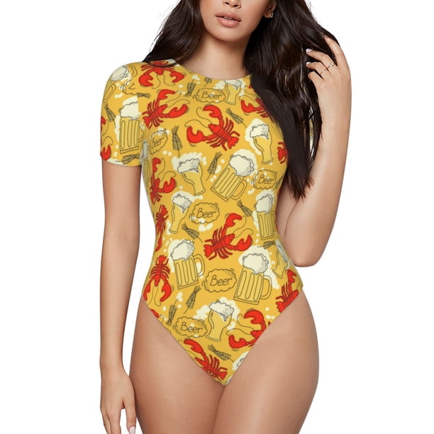 Balery Beer And Crawfish Body de cuello redondo de manga corta para mujer Tops de manga corta Tops básicos-Small
